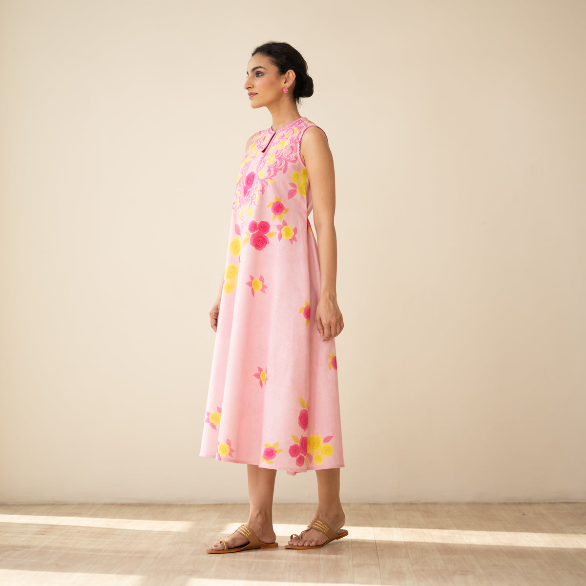Confetti Pop Embroidered Linen Cotton Dress - Baby Pink