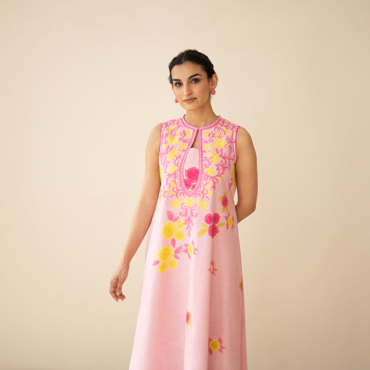 Confetti Pop Embroidered Linen Cotton Dress - Baby Pink