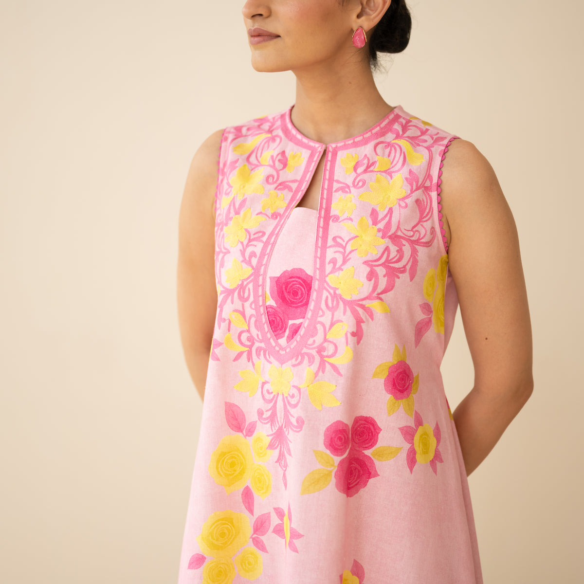 Confetti Pop Embroidered Linen Cotton Dress - Baby Pink
