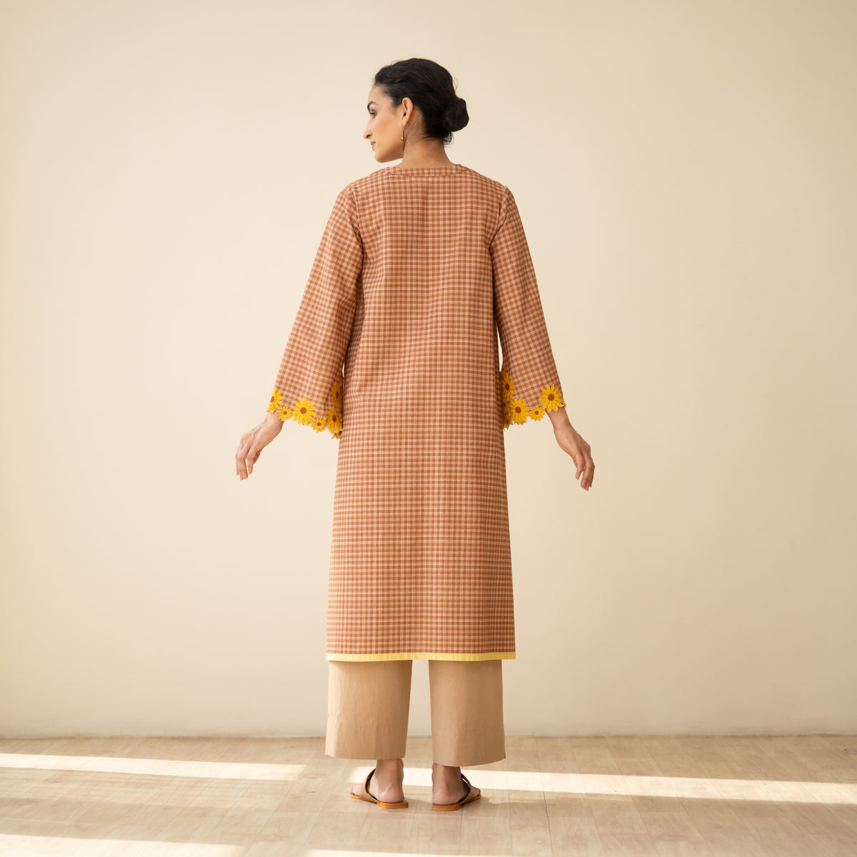 Sunflower Embroidered Linen Cotton Kurta - Hazelnut Brown