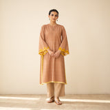 Sunflower Embroidered Linen Cotton Kurta - Hazelnut Brown