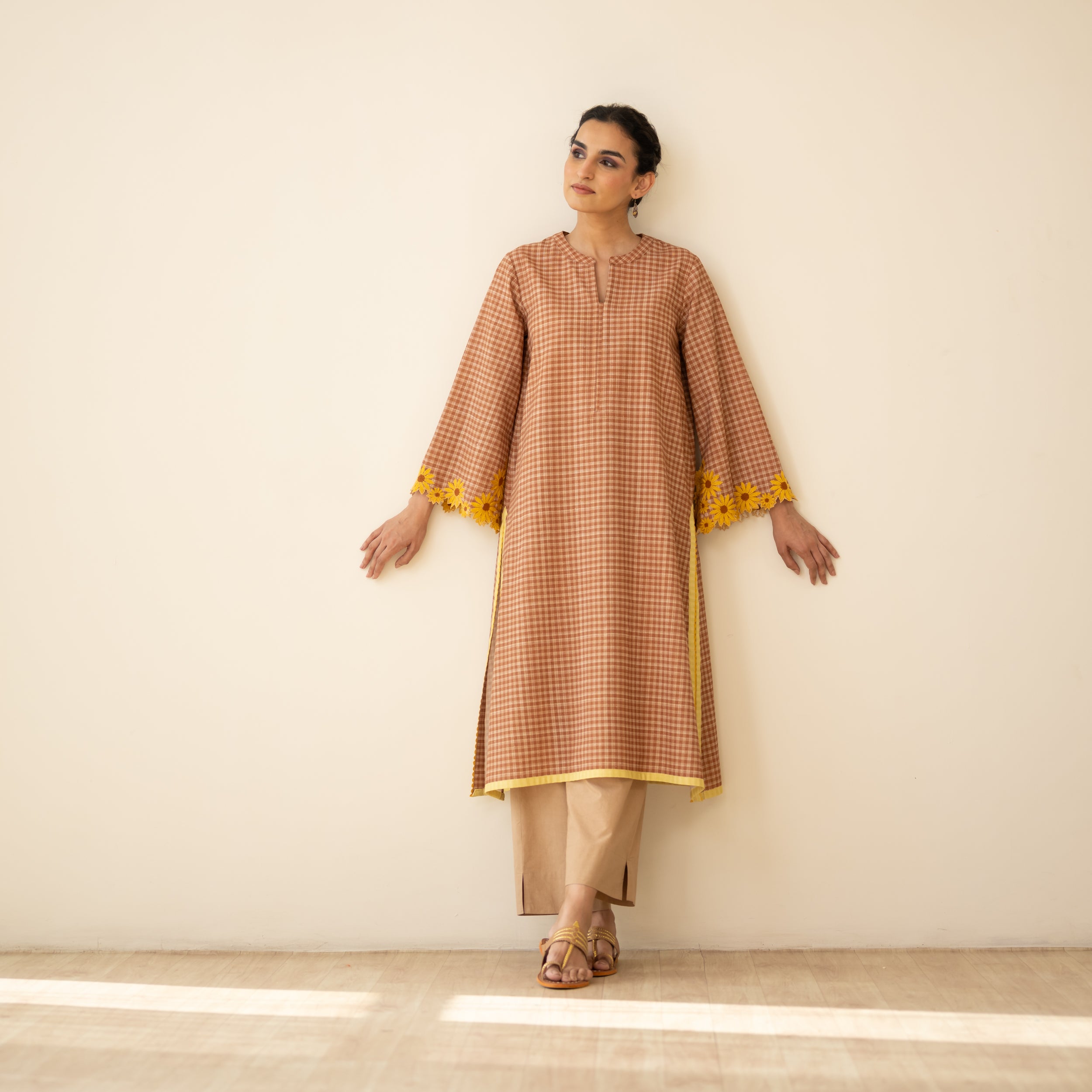 Sunflower Embroidered Linen Cotton Kurta - Hazelnut Brown