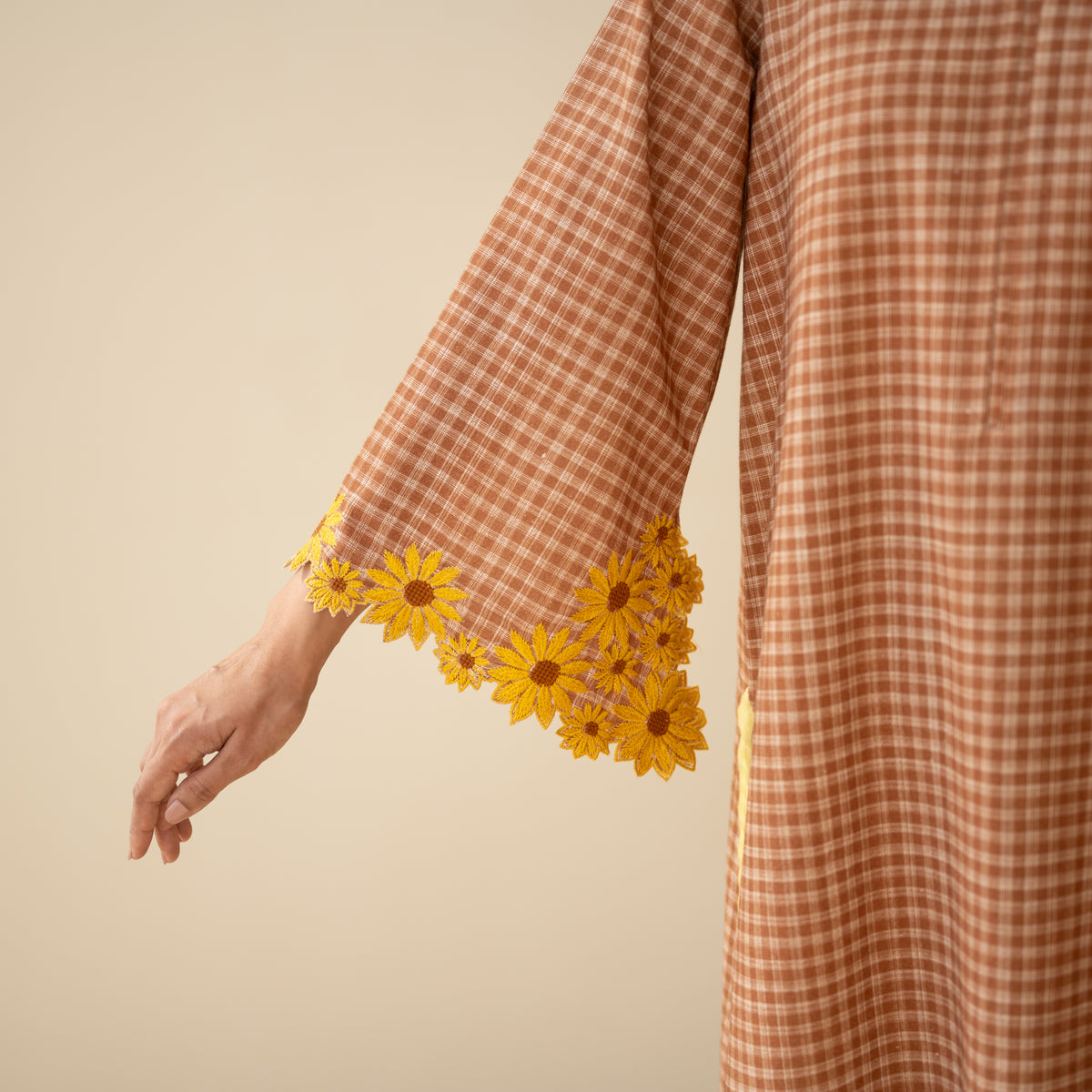 Sunflower Embroidered Linen Cotton Kurta - Hazelnut Brown