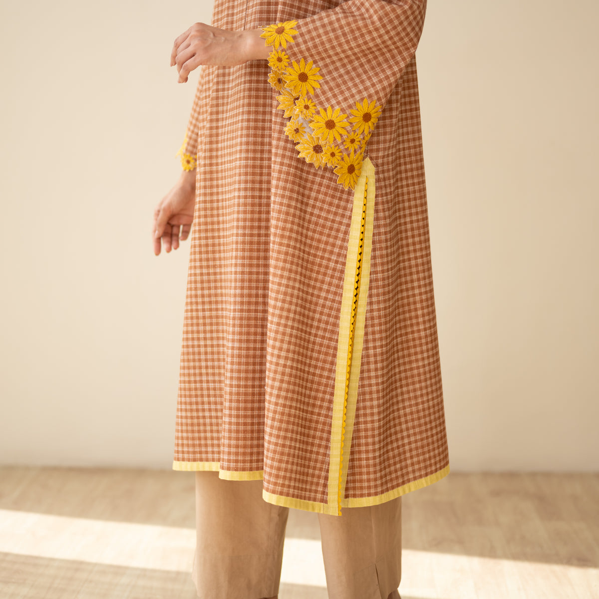 Sunflower Embroidered Linen Cotton Kurta - Hazelnut Brown
