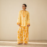 Mehak Embroidered Linen Cotton Farshi Coord Set - Mango Yellow