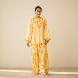 Mehak Embroidered Linen Cotton Farshi Coord Set - Mango Yellow