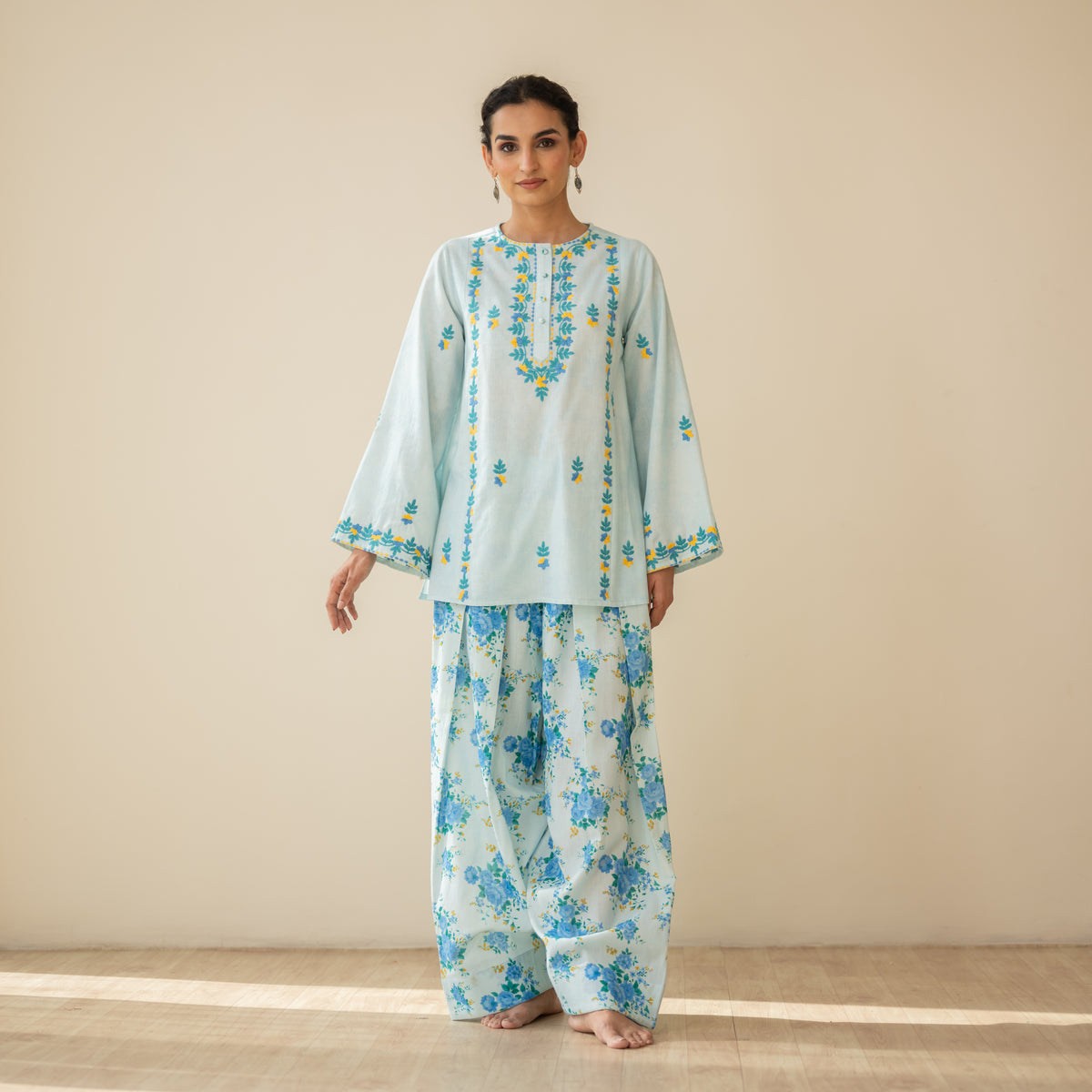 Mehak Embroidered Linen Cotton Farshi Coord Set - Blue Lagoon