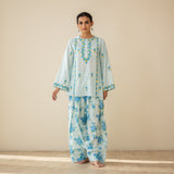 Mehak Embroidered Linen Cotton Farshi Coord Set - Blue Lagoon