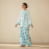 Mehak Embroidered Linen Cotton Farshi Coord Set - Blue Lagoon