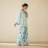 Mehak Embroidered Linen Cotton Farshi Coord Set - Blue Lagoon