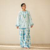 Mehak Embroidered Linen Cotton Farshi Coord Set - Blue Lagoon
