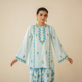 Mehak Embroidered Linen Cotton Farshi Coord Set - Blue Lagoon
