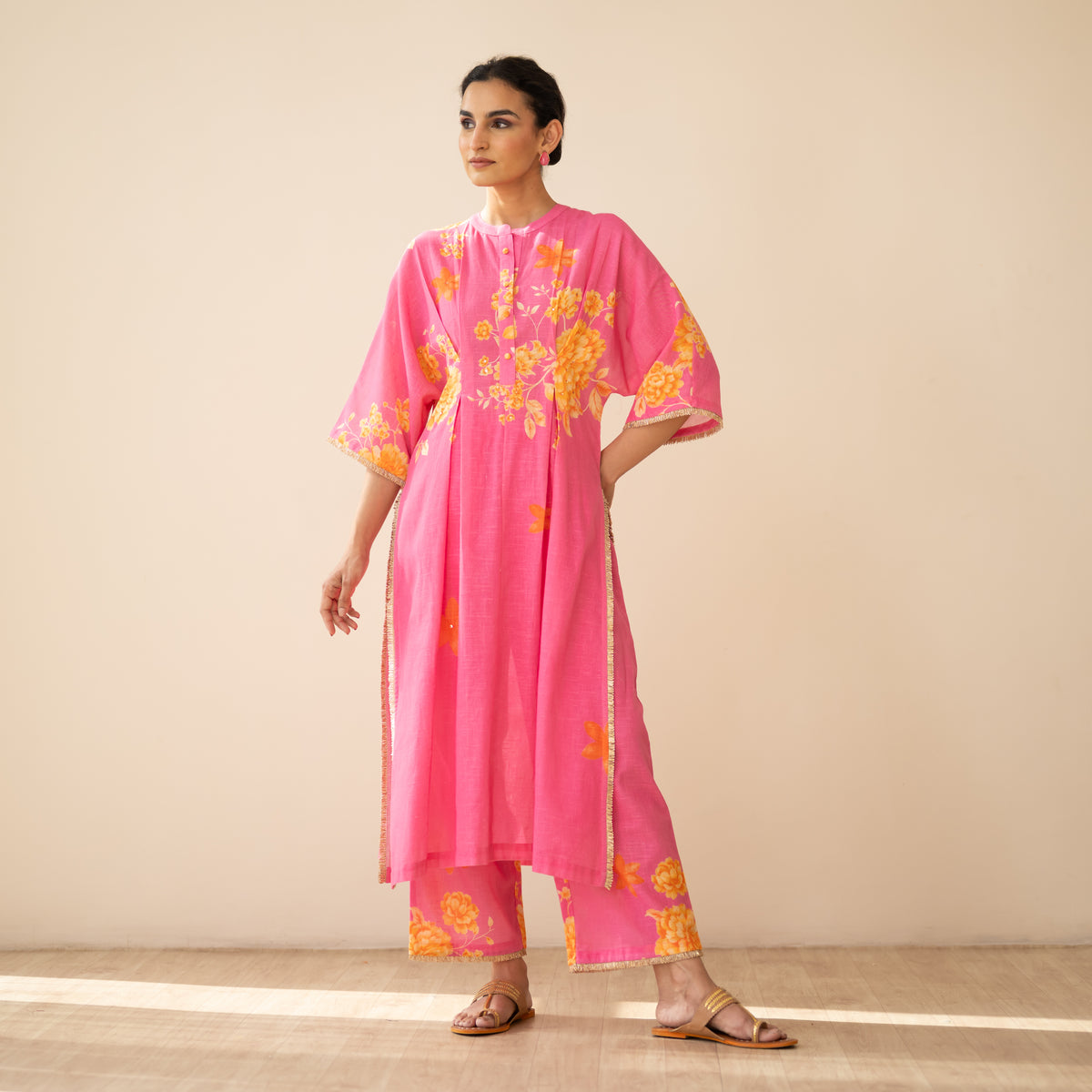 Sakura Hand Embroidered Festive Cotton Slub Kurta Set - Bubblegum Pink