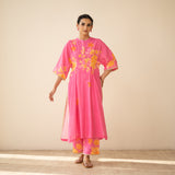 Sakura Hand Embroidered Festive Cotton Slub Kurta Set - Bubblegum Pink