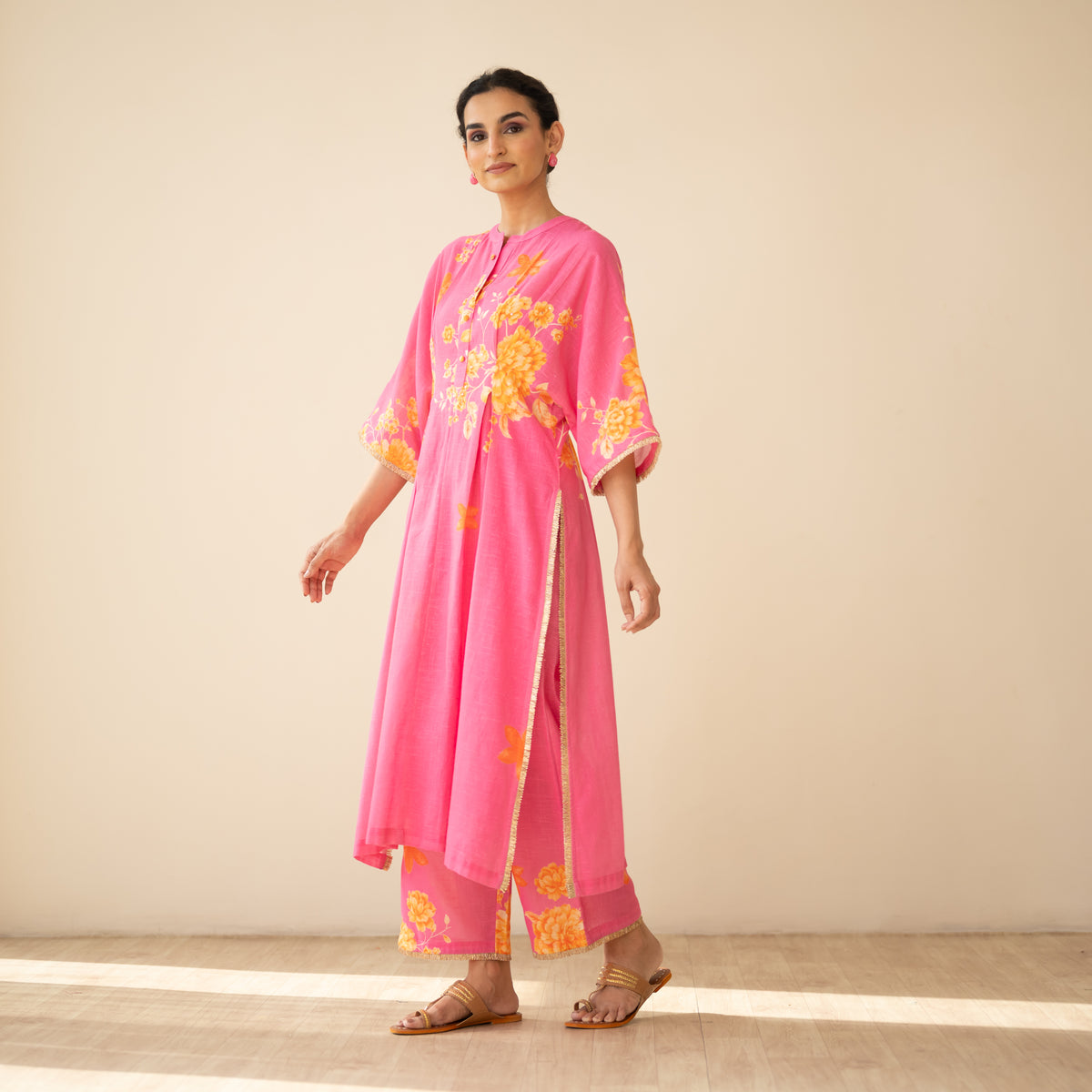 Sakura Hand Embroidered Festive Cotton Slub Kurta Set - Bubblegum Pink
