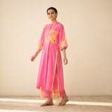 Sakura Hand Embroidered Festive Cotton Slub Kurta Set - Bubblegum Pink