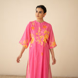 Sakura Hand Embroidered Festive Cotton Slub Kurta Set - Bubblegum Pink