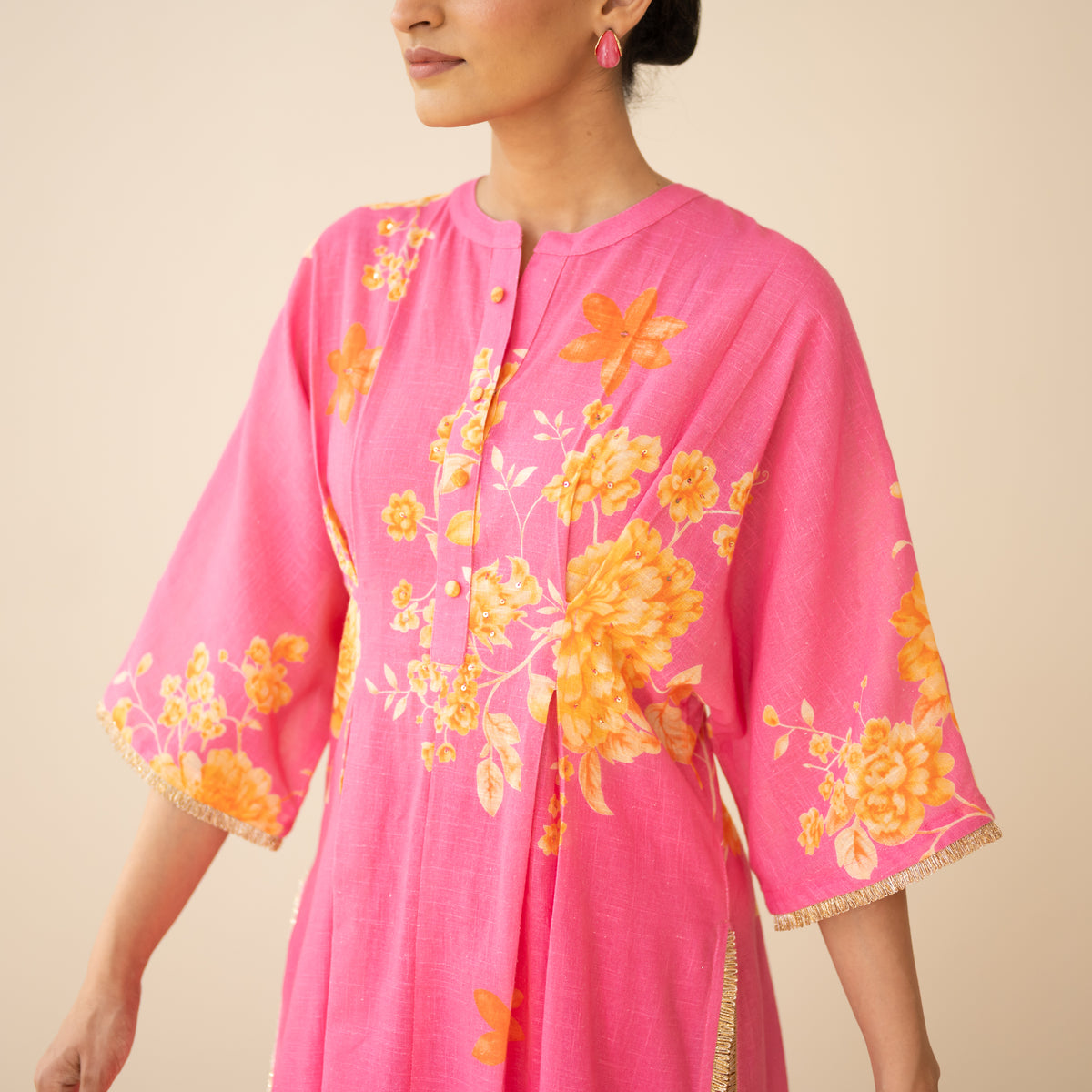 Sakura Hand Embroidered Festive Cotton Slub Kurta Set - Bubblegum Pink