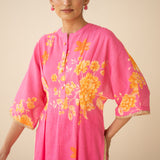 Sakura Hand Embroidered Festive Cotton Slub Kurta Set - Bubblegum Pink