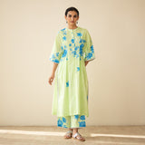 Sakura Hand Embroidered Festive Cotton Slub Kurta Set - Pista Green