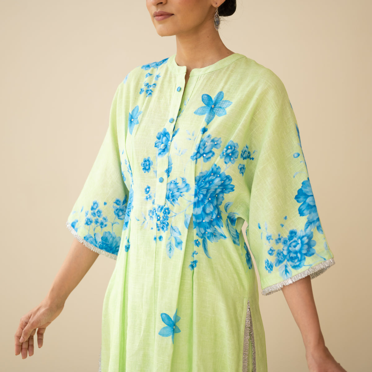 Sakura Hand Embroidered Festive Cotton Slub Kurta Set - Pista Green