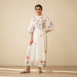 Sakura Hand Embroidered Festive Cotton Slub Kurta Set - Milky White