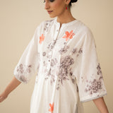 Sakura Hand Embroidered Festive Cotton Slub Kurta Set - Milky White