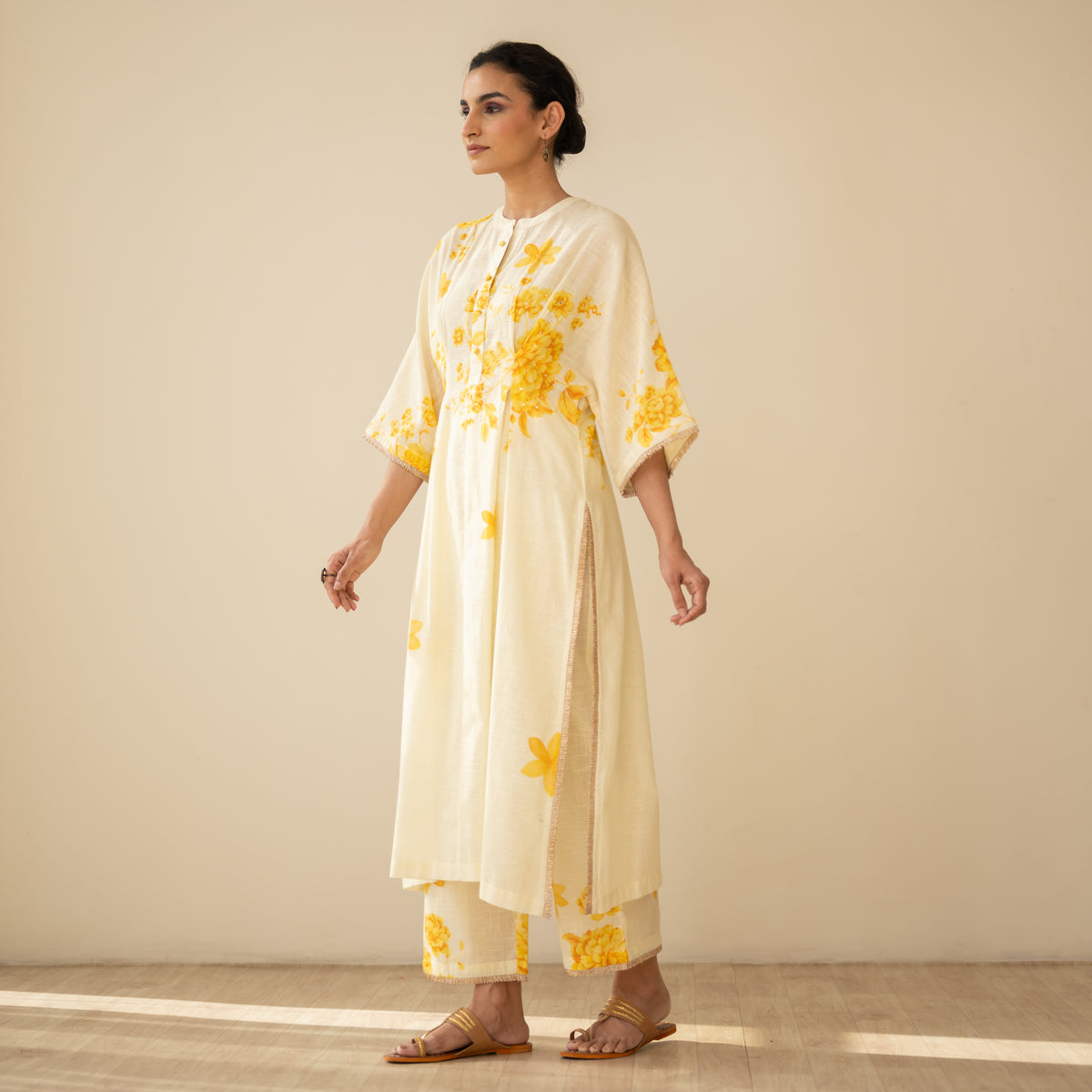 Sakura Hand Embroidered Festive Cotton Slub Kurta Set - Butter Yellow