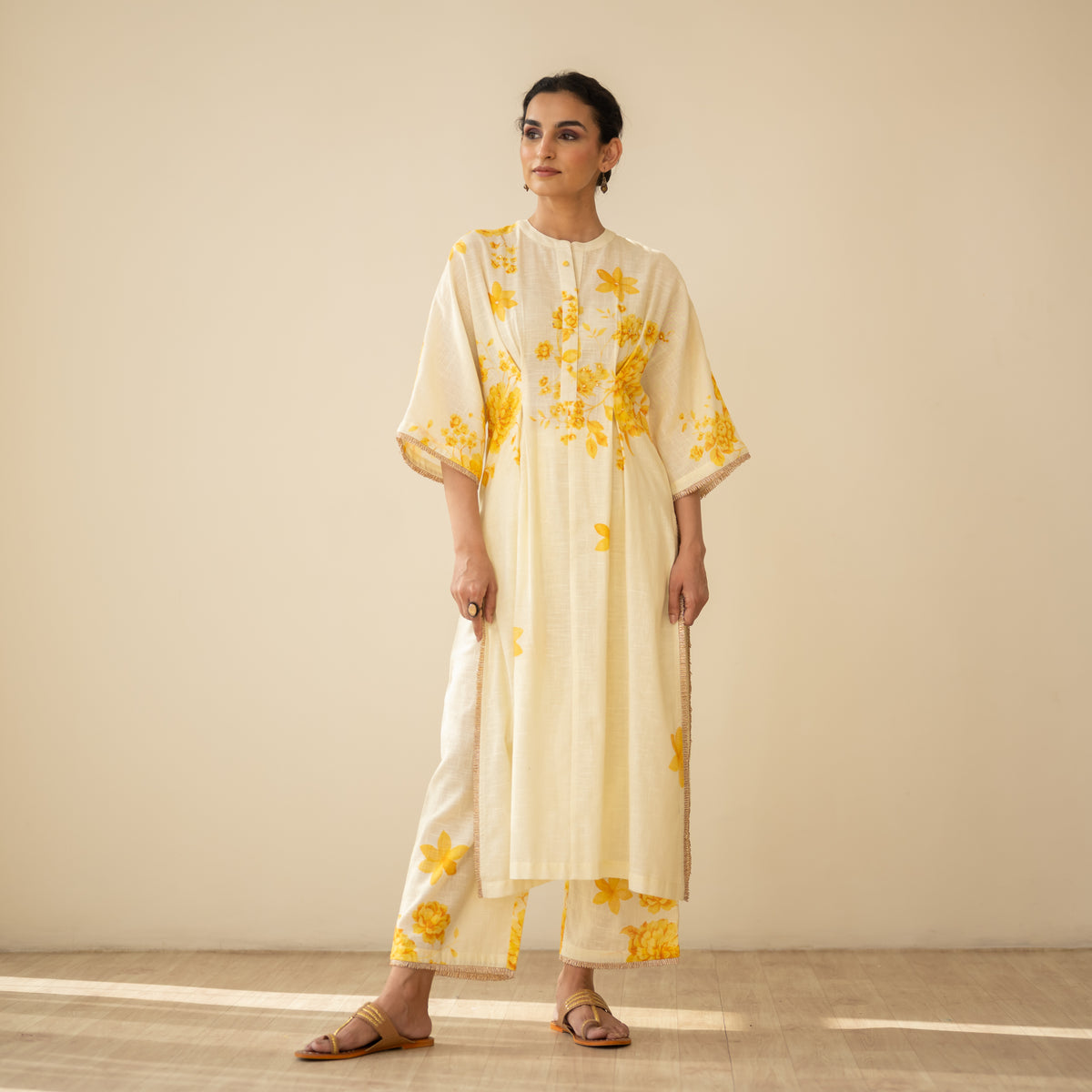 Sakura Hand Embroidered Festive Cotton Slub Kurta Set - Butter Yellow