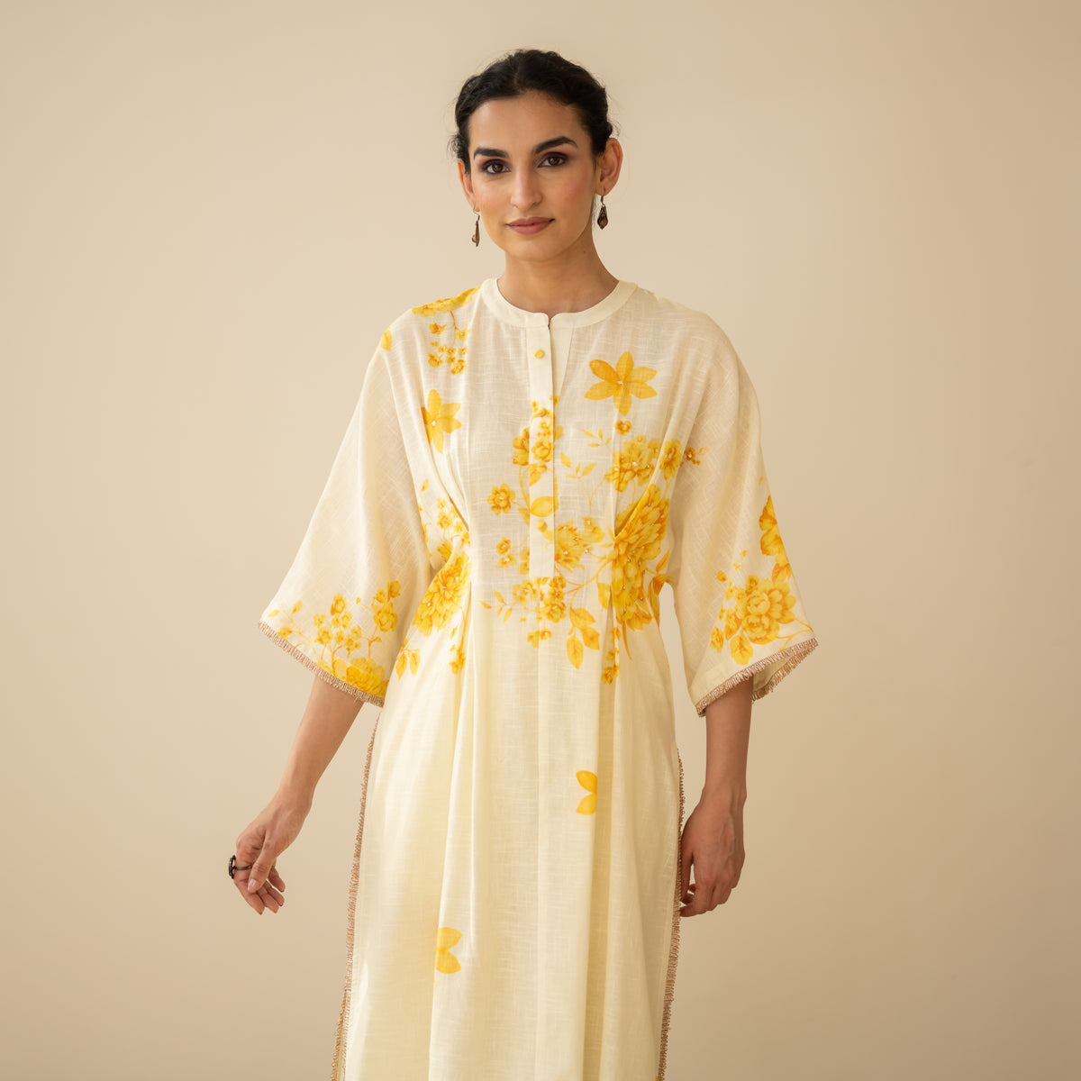 Sakura Hand Embroidered Festive Cotton Slub Kurta Set - Butter Yellow
