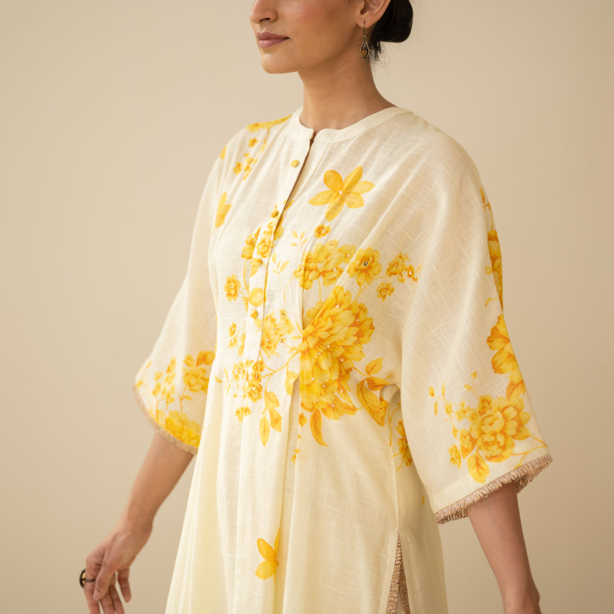 Sakura Hand Embroidered Festive Cotton Slub Kurta Set - Butter Yellow