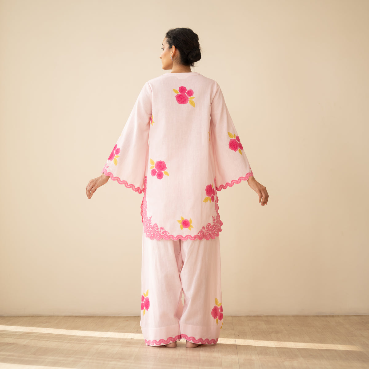 Rose Embroidered Linen Cotton Farshi Coord Set - Soft Pink