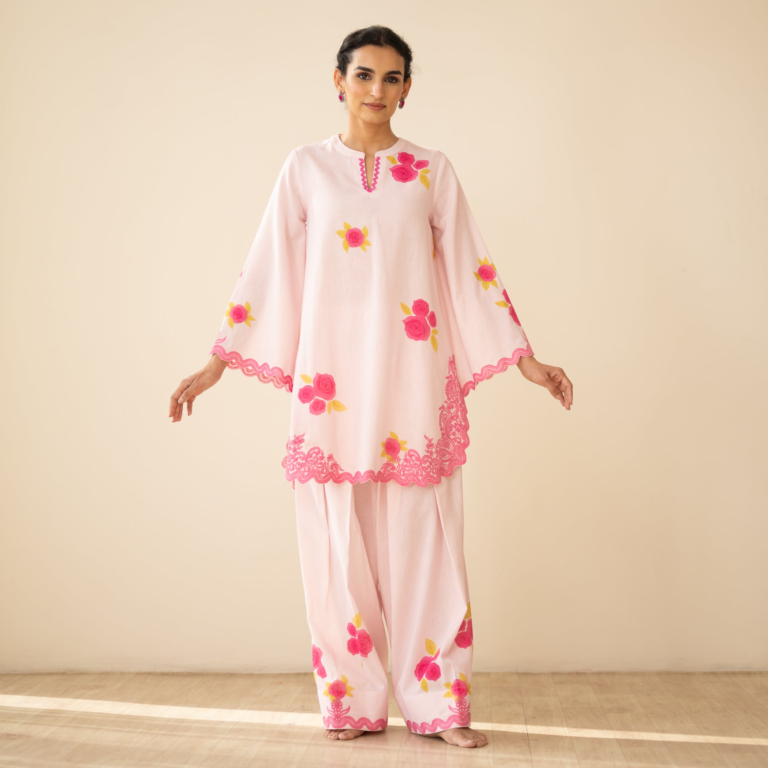 Rose Embroidered Linen Cotton Farshi Coord Set - Soft Pink
