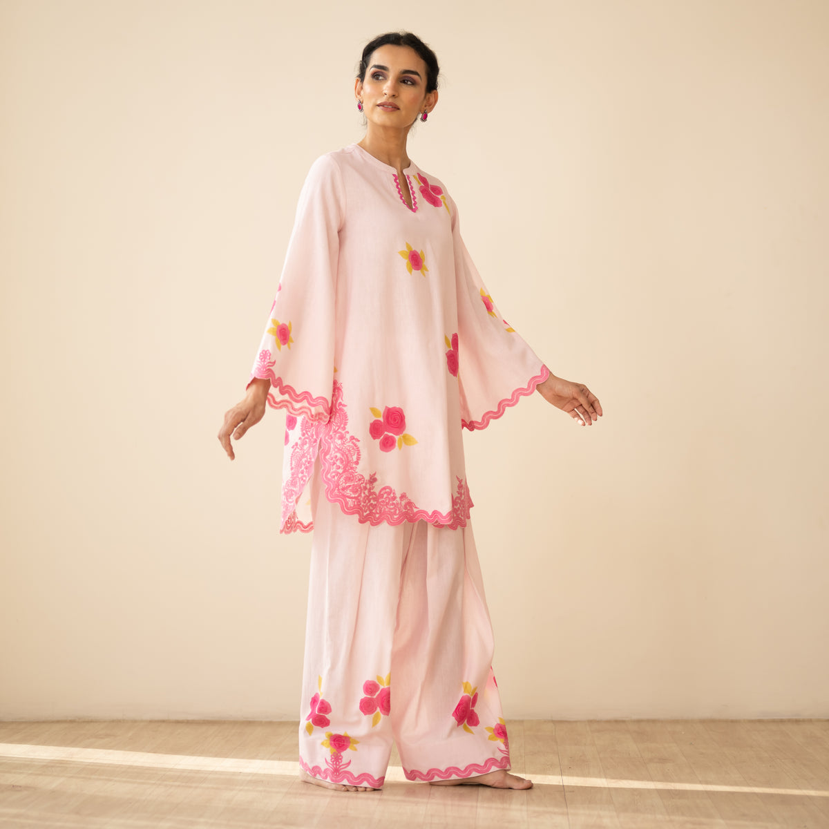 Rose Embroidered Linen Cotton Farshi Coord Set - Soft Pink
