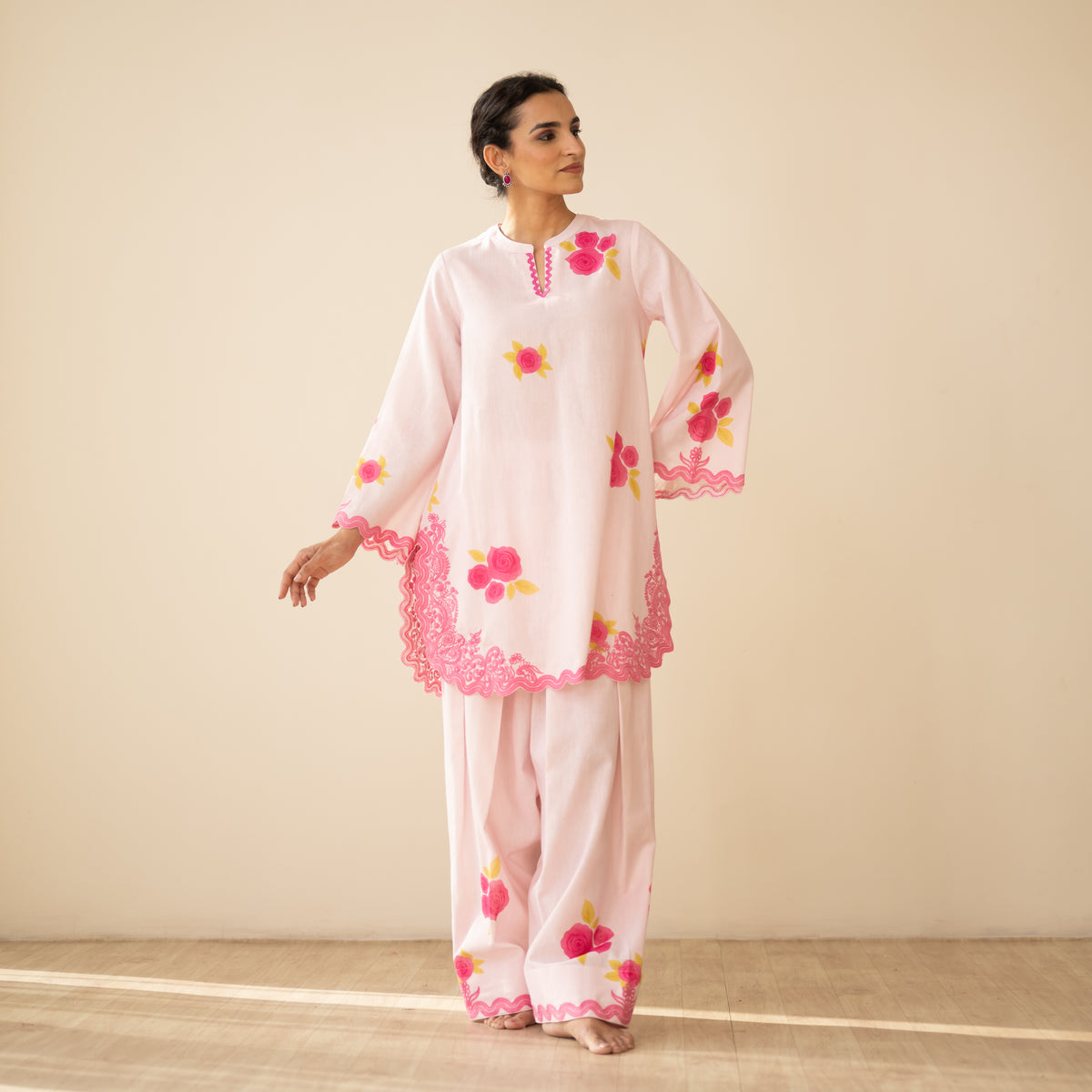 Rose Embroidered Linen Cotton Farshi Coord Set - Soft Pink