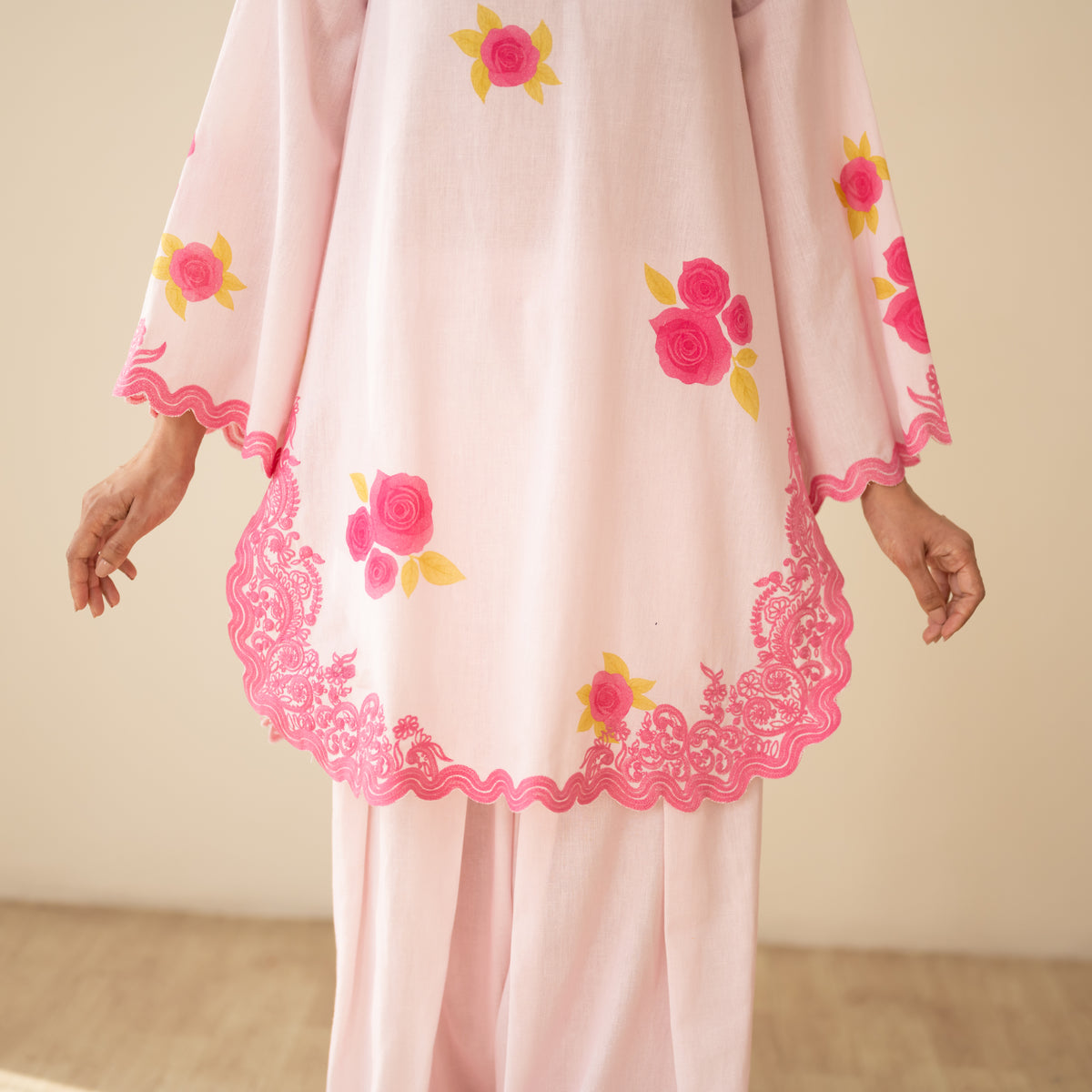 Rose Embroidered Linen Cotton Farshi Coord Set - Soft Pink