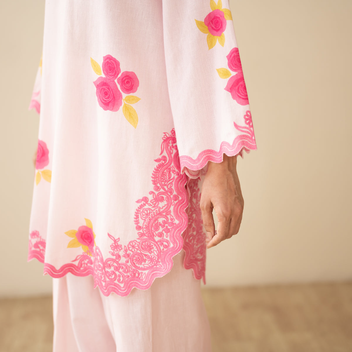 Rose Embroidered Linen Cotton Farshi Coord Set - Soft Pink