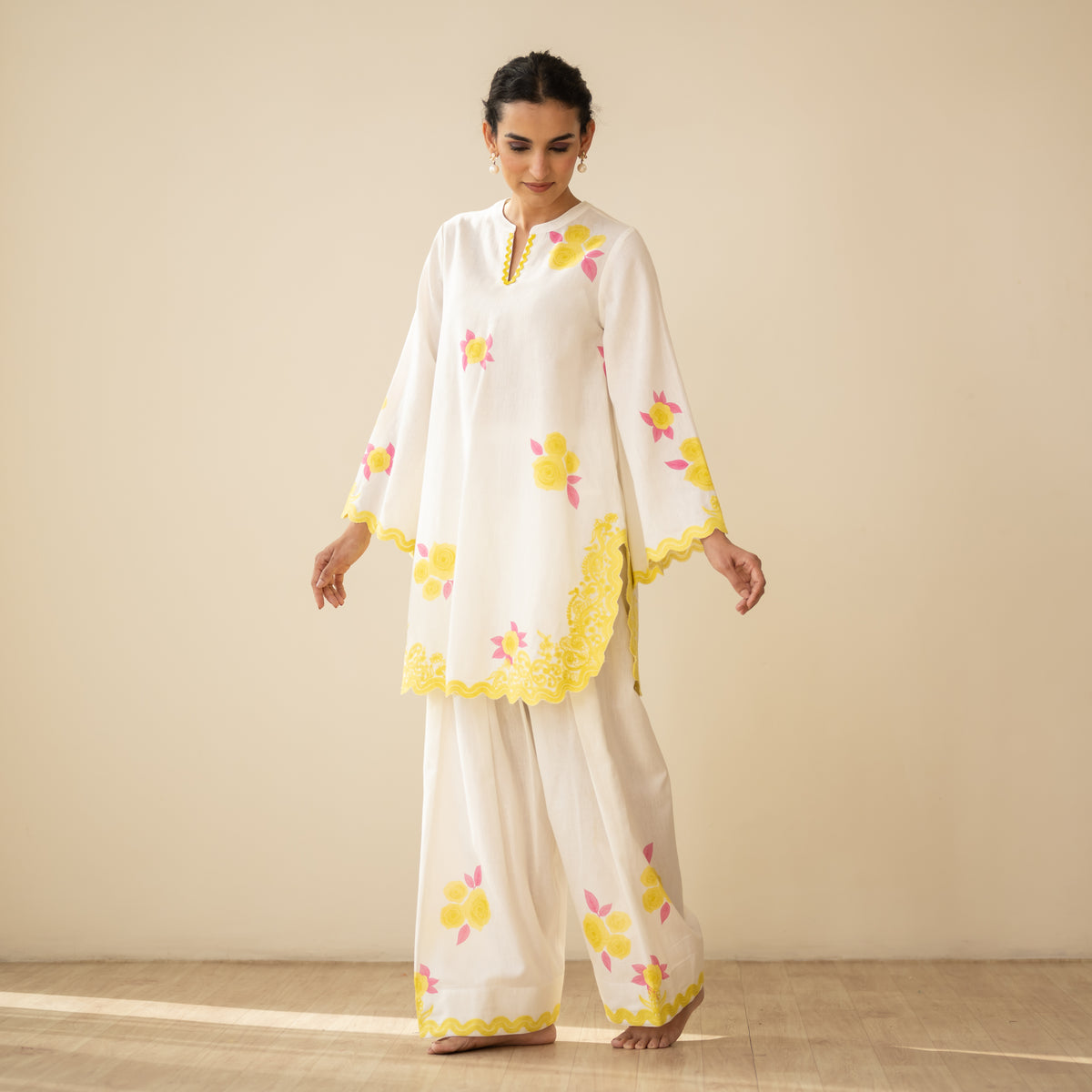 Rose Embroidered Linen Cotton Farshi Coord Set - Mango Bite