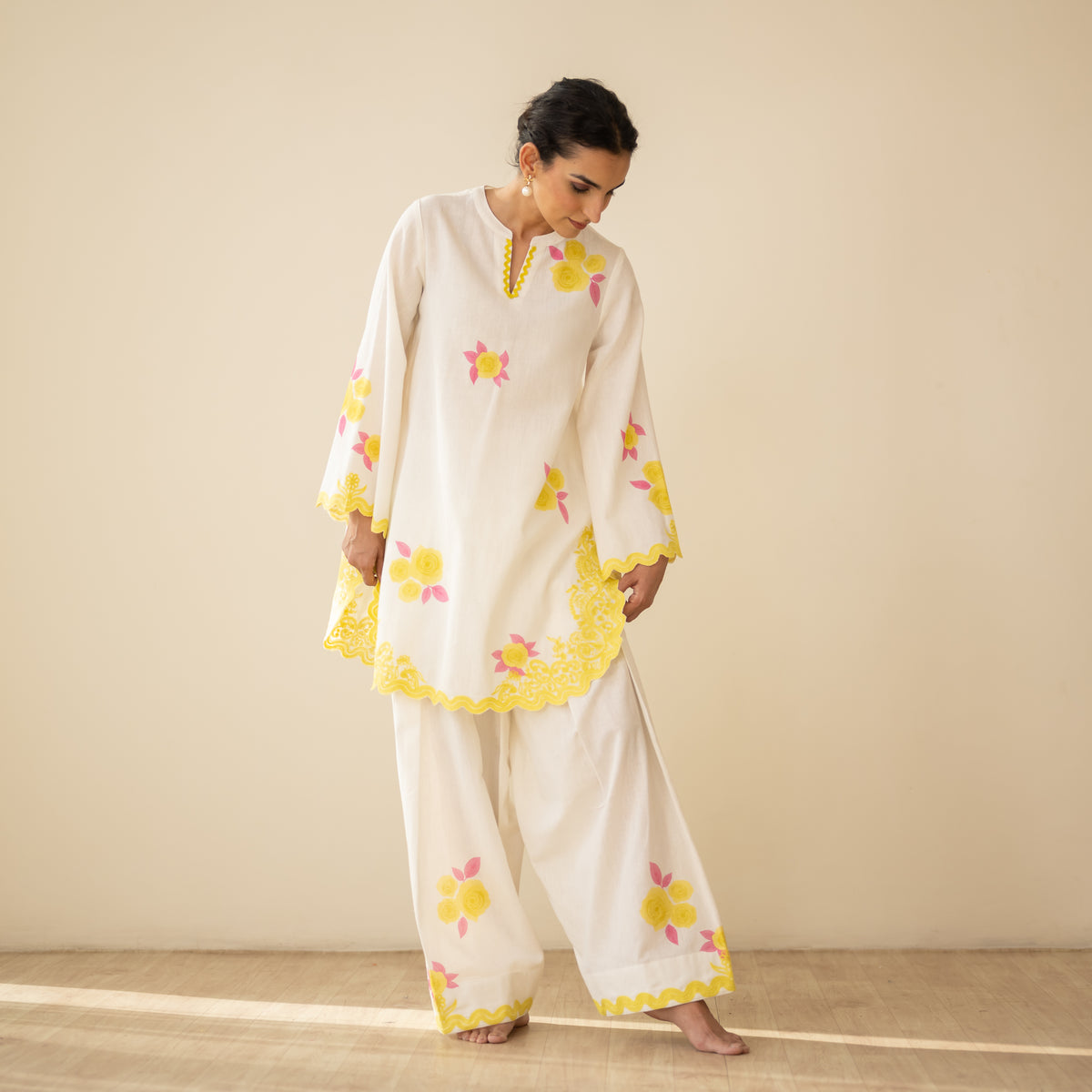 Rose Embroidered Linen Cotton Farshi Coord Set - Mango Bite