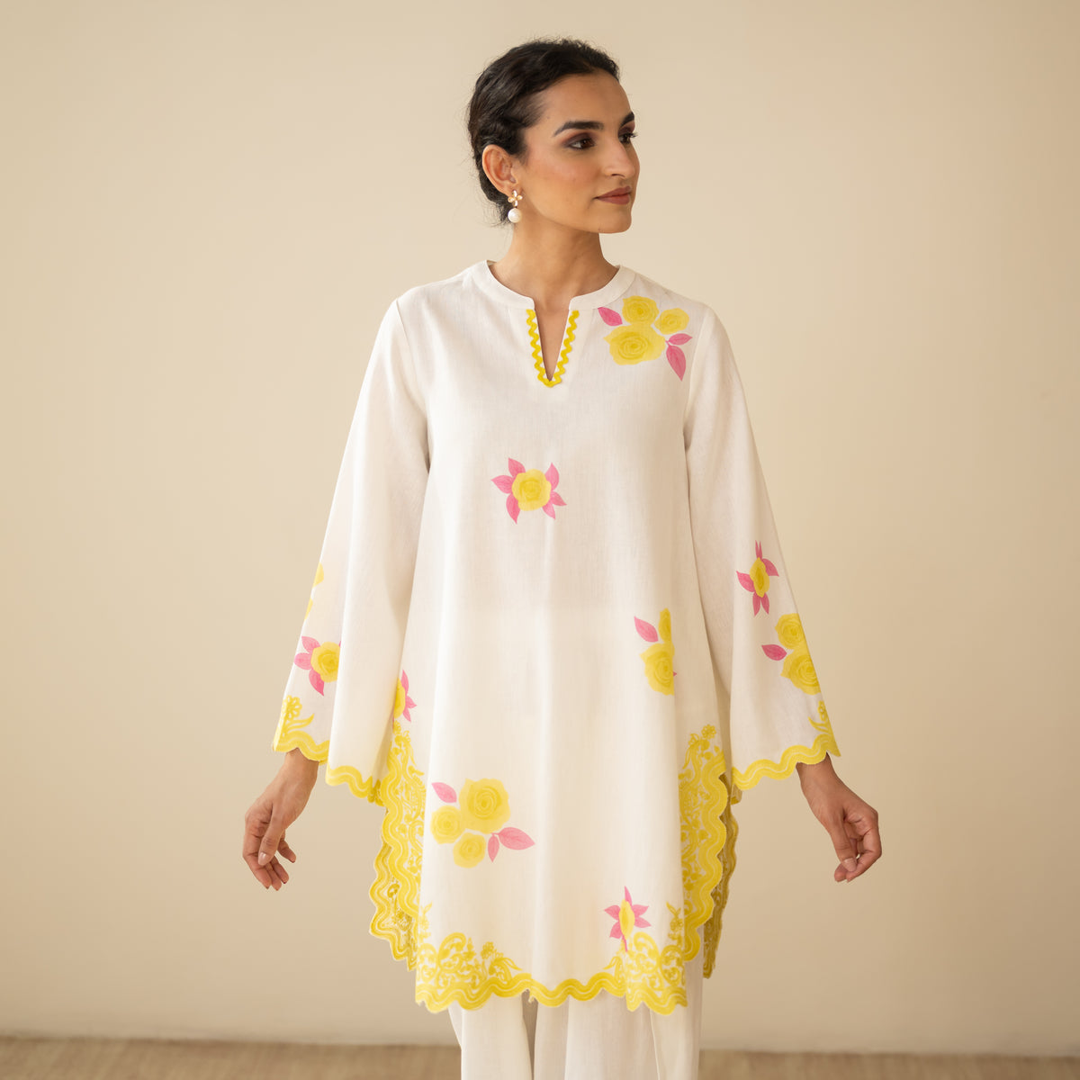 Rose Embroidered Linen Cotton Farshi Coord Set - Mango Bite