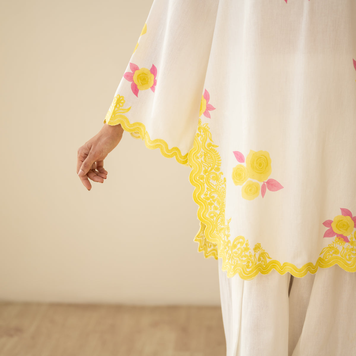 Rose Embroidered Linen Cotton Farshi Coord Set - Mango Bite