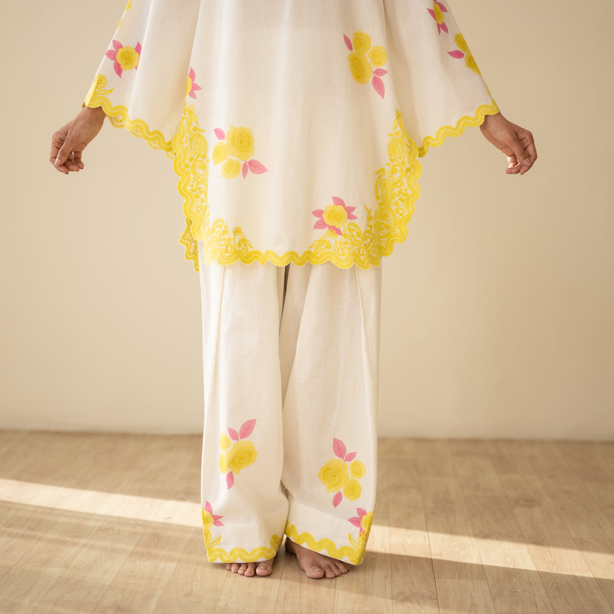 Rose Embroidered Linen Cotton Farshi Coord Set - Mango Bite