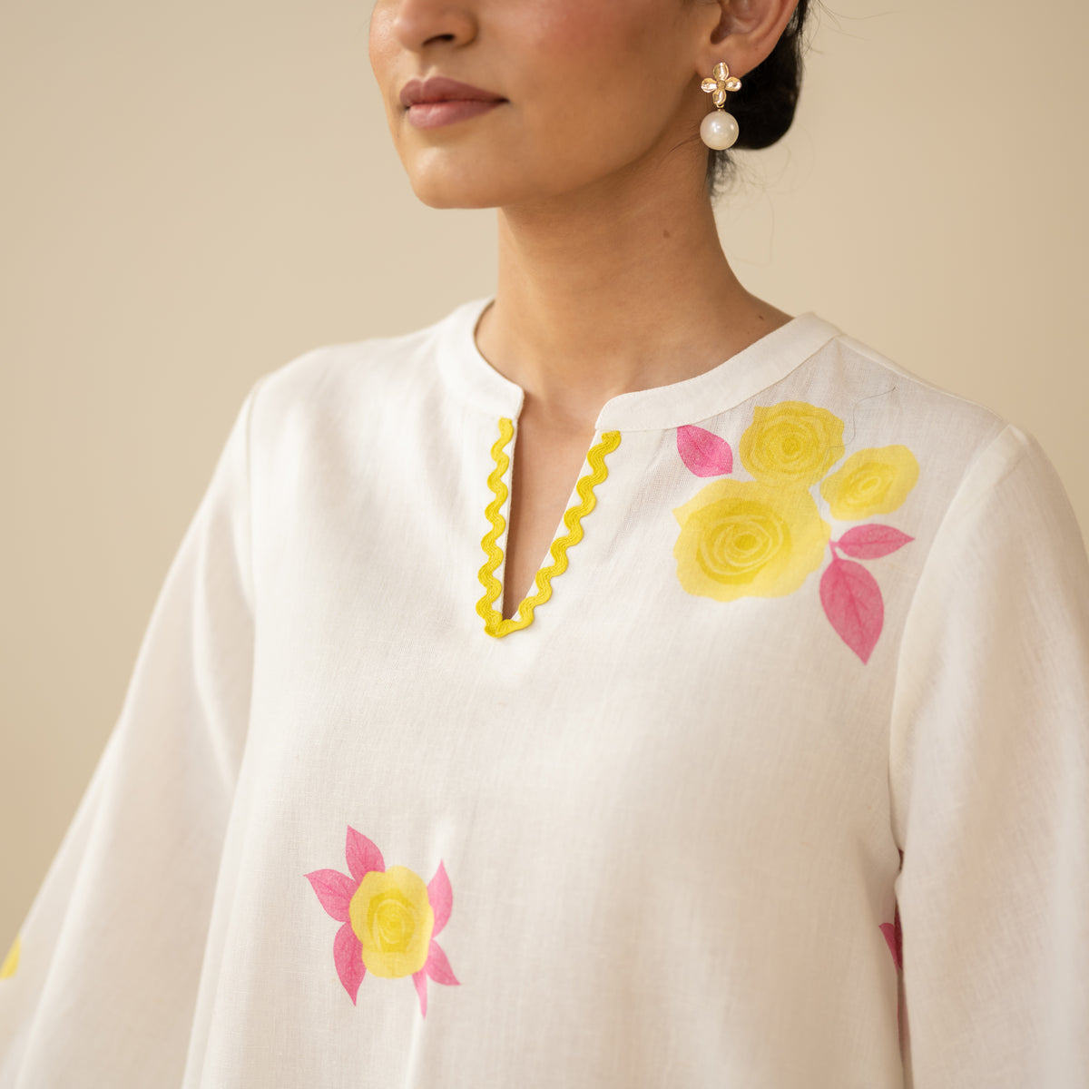 Rose Embroidered Linen Cotton Farshi Coord Set - Mango Bite