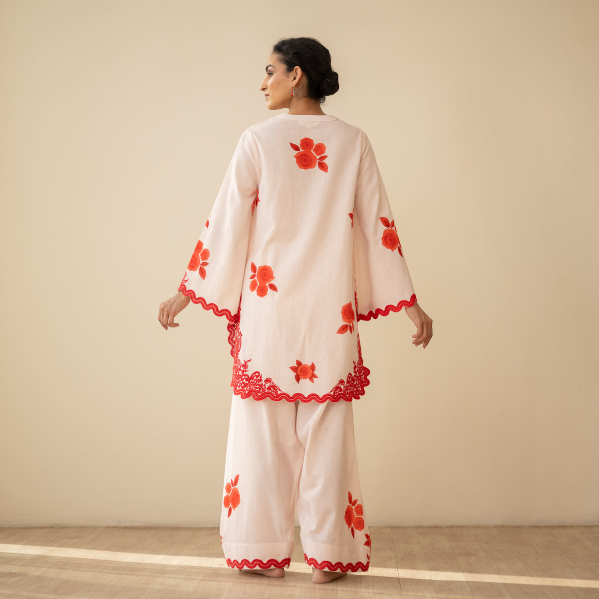 Rose Embroidered Linen Cotton Farshi Coord Set - Sindoori Laal