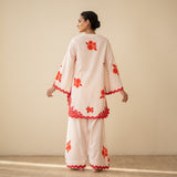Rose Embroidered Linen Cotton Farshi Coord Set - Sindoori Laal