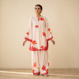 Rose Embroidered Linen Cotton Farshi Coord Set - Sindoori Laal