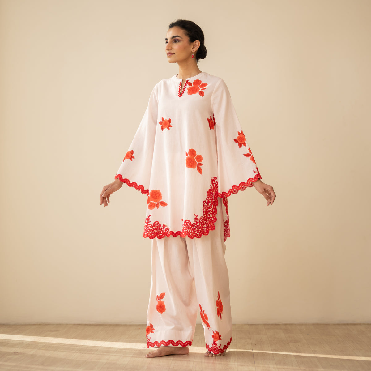 Rose Embroidered Linen Cotton Farshi Coord Set - Sindoori Laal