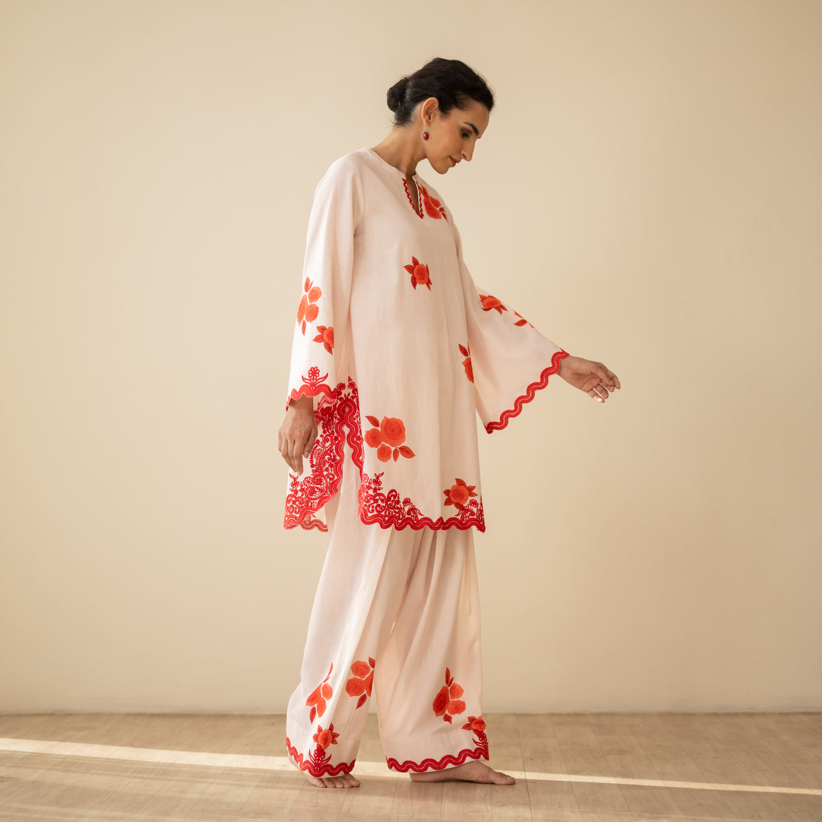Rose Embroidered Linen Cotton Farshi Coord Set - Sindoori Laal