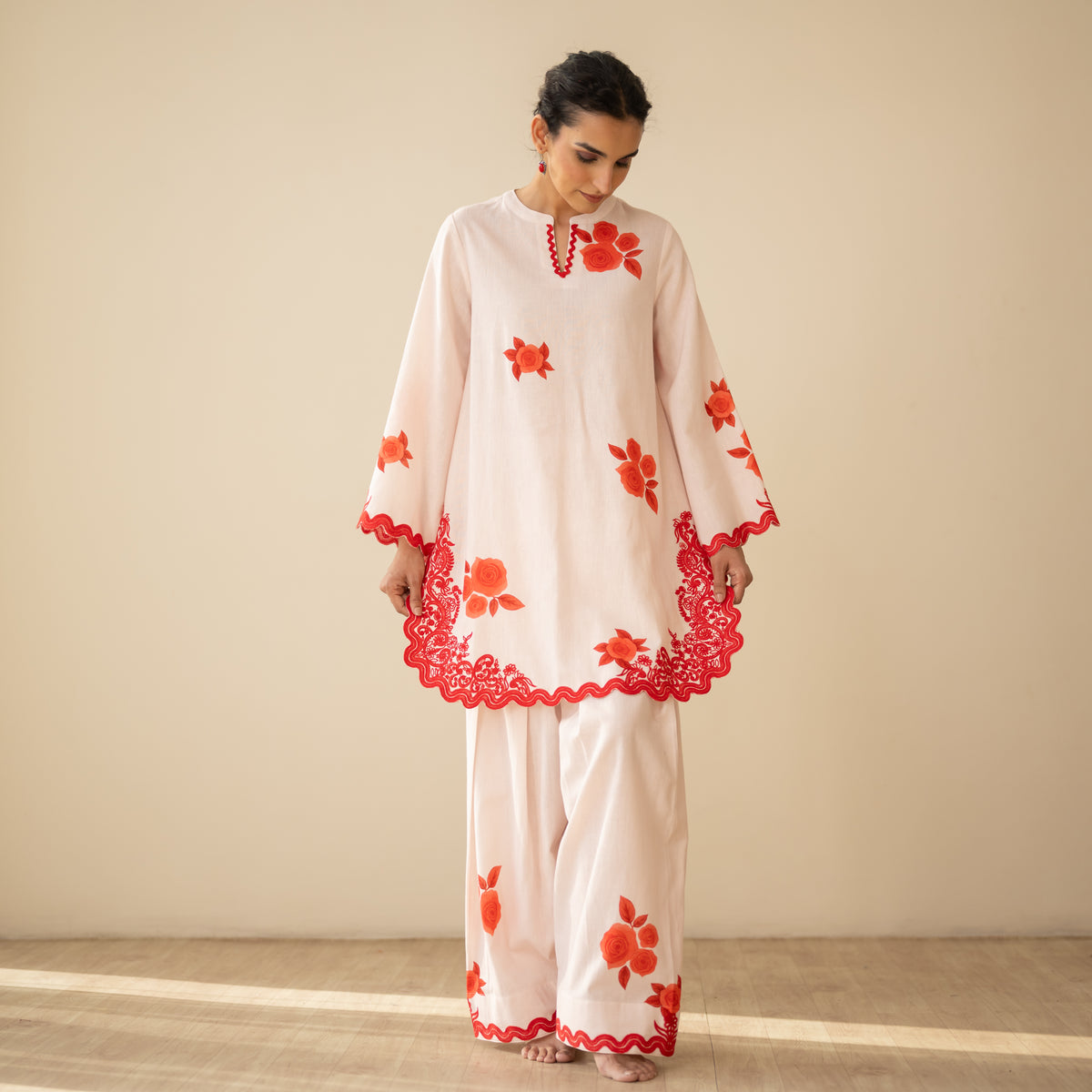 Rose Embroidered Linen Cotton Farshi Coord Set - Sindoori Laal