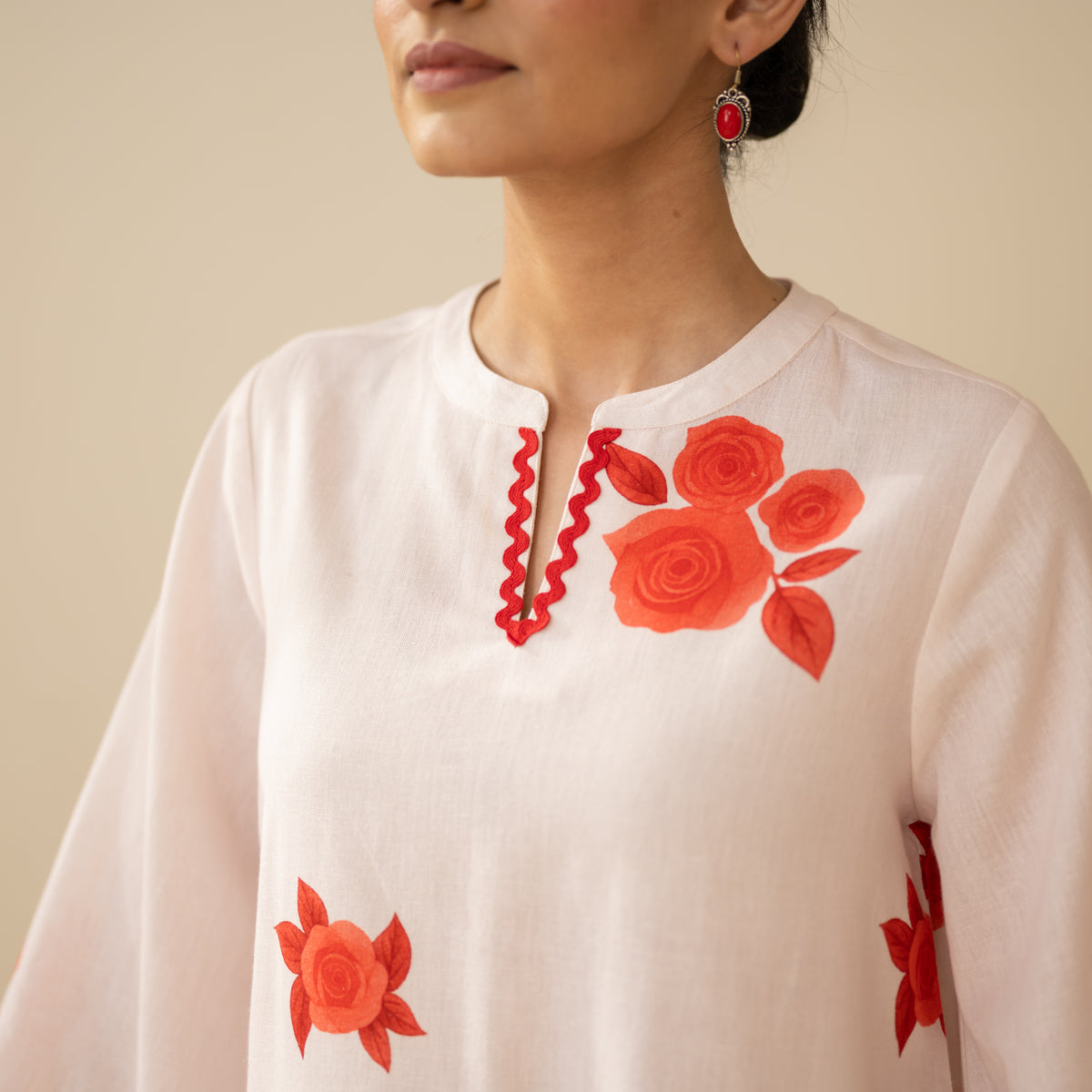 Rose Embroidered Linen Cotton Farshi Coord Set - Sindoori Laal